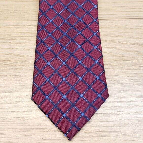 ALFANI Mens Neck Tie Burgundy Blue Diamond Grid Classic Pointed Maroon - Picture 1 of 6